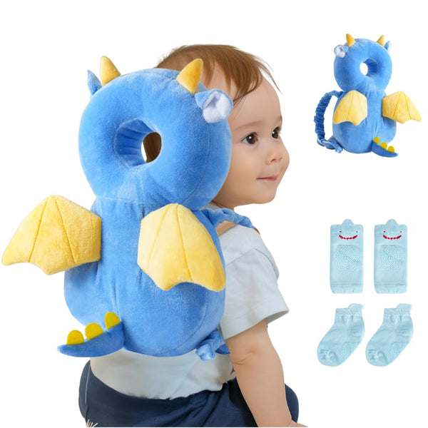 Baby Head Protector Backpack (9 to 24 Months) - Cute Head Guard Pillow with Knee Pads and Socks, Crawling and Walking Safety Set, Toddler Head Cushion Backpack, Blue