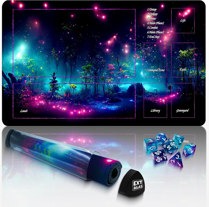 MTG Playmat TCG Playmat -Includes Storage Tube and 7 Dice-Experience Top-Tier Quality and Edge-Locking Waterproof and Non-Slip Mat! (Playmat without Zones, 1-Pretty Purple Fluorescence)