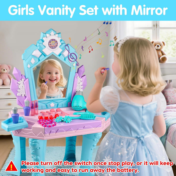 Kids Vanity Magic Makeup Table and Chair Set Girl Toys Mirror with Music Light Frozen Toys for 2 3 4 5 6 Year Old Girls Hair Salon Pretend Play Princess Dress up Playset Gift Toddler 1-3 3-5