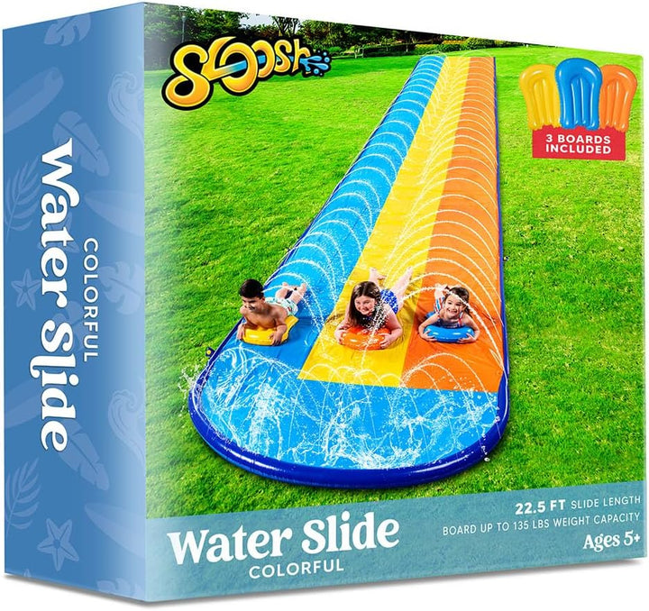 Triple Water Slide with 3 Bodyboards, 22.5FT Lawn Water Splash Slip and Slide Summer Toy Splash Pad with Build in Advanced Sprinkler for Kids Adults Backyard Summer Water Fun