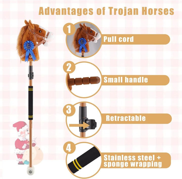 Stick Horse, Hobby Horse on a Stick for Kids Ages 4-12 Adjustable 30-52" with Illuminated Silent Wheels Comfortable Sponge Wrapped Complimentary AA Batteries Realistic Horse Neighs. (Brown-Blue)
