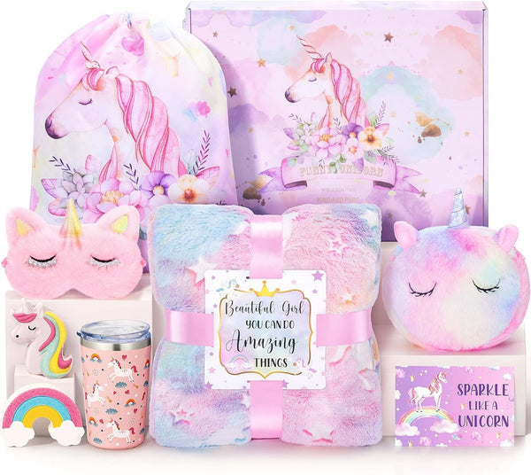 Unicorn Gifts for Girls 4-6 6-8 8-10, Kids Unicorn Toys Set with Blanket for 3 4 5 6 7 8 9 10 Year Old Toddler Teen Tween Girl Trendy Stuff Birthday Gifts Toy for Girls Daughter Niece