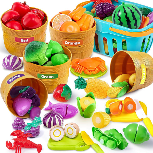 Learning Toys Play Food Set for Toddlers, Cutting Food for Preschool Activities, Pretend Play Kitchen Accessories for Kids, Color Sorting Set for Boys & Girls, Daycare Educational Toy