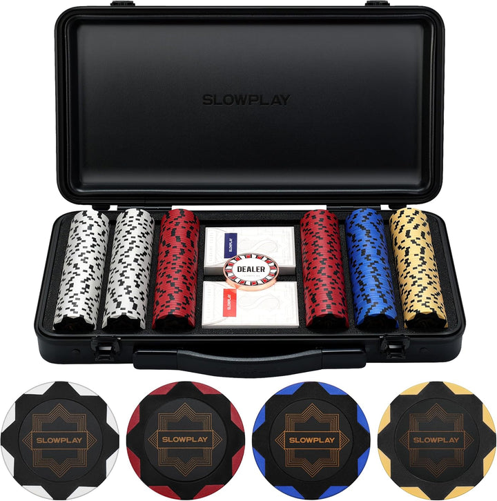 14G Clay Poker Chips Set for Texas Hold'Em, 500 PCS, with Numbered Values, Art Deco Style, and Carrying Case