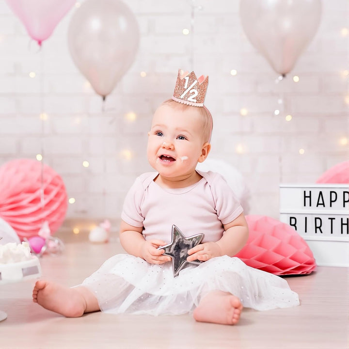 1/2 Birthday Girl Crown - Pink & Rose Gold Adjustable Baby Girl Half Birthday Hat for 6-12 Months, Soft Photo Props for Half Year Celebration, Party Decorations