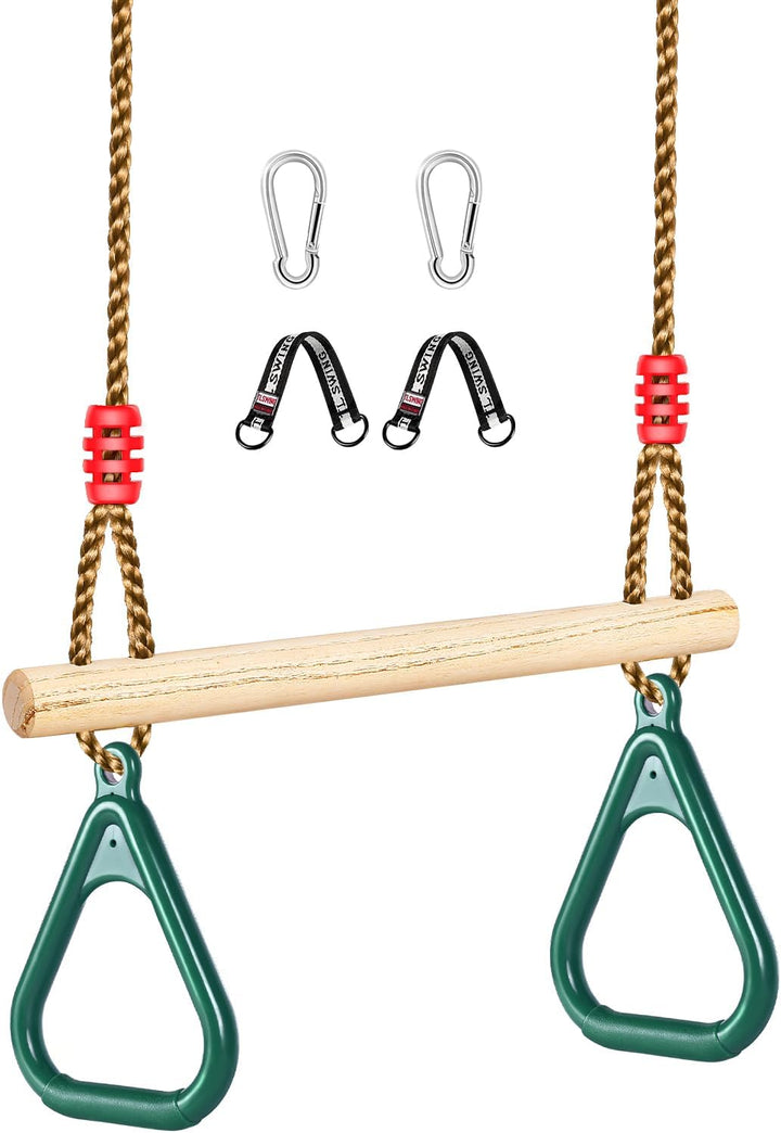 Wooden Trapeze Swing Bar, Adjustable Height Swing Set, Gym Rings, Playground Attachments, 16.5" Monkey Bar for Backyard, Playground, Playroom