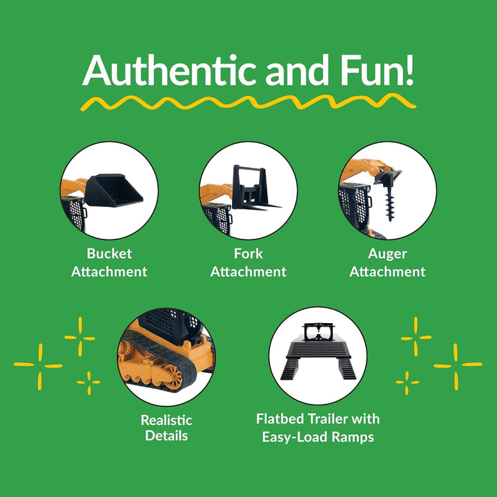 - Track Skid Steer - 1:20 Scale - Construction Toys - Auger - Bucket - Hay Fork - Attachments - Flatbed Trailer -Plastic…