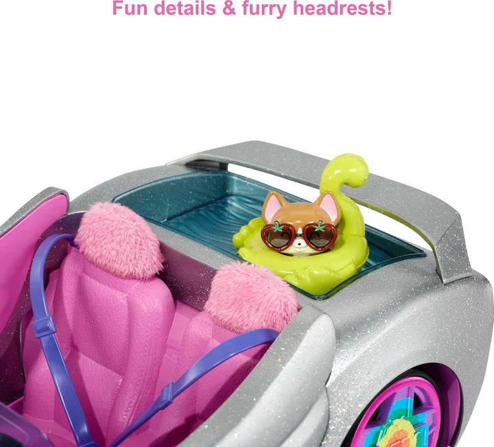 Extra Toy Car with Fashion Accessories & Puppy, Sparkly Silver 2-Seater Convertible with Hood Storage & Pet Pool, Sized for Fashion Dolls
