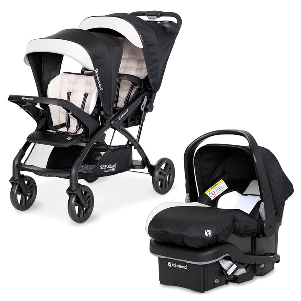 Sit N' Stand Tandem Double Stroller 2.0 DLX and Ez-Lift plus Car Seat Set with 5 Point Safety Harnesses and Cozy Cover, Modern Khaki
