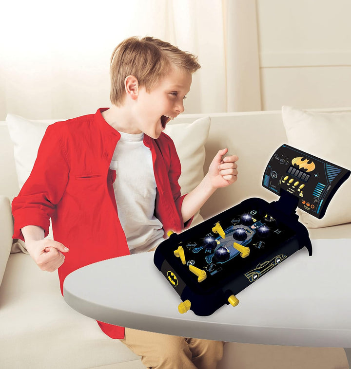Batman Electronic Pinball Machine, Fun Sounds and Light Effects, 5 Obstacles, Works with 3 LR14 Batteries, Black/Yellow, JG610BAT