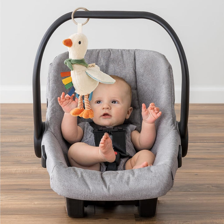 Bitzy Traveler Car Seat & Stroller Toy for Babies – Developmental Sensory Toy Features Crinkle & Rattle Sounds & Multiple Textures – Hanging Travel Buddy for On-The-Go Entertainment (Goose)
