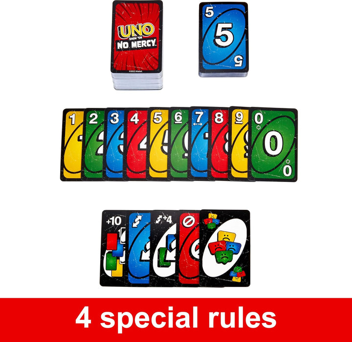 UNO Show ‘Em No Mercy Card Game in Storage & Travel Tin for Kids, Adults & Family Night with Extra Cards, Special Rules & Tougher Penalties (Amazon Exclusive)