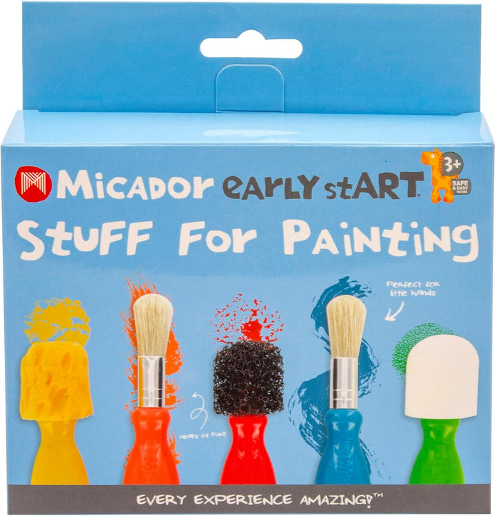 Early Start Stuff for Painting, 5-Piece Set - 3 Sponge + 2 Durable Bristle Brushes - Easy Grip - Rounded Handles - Ages 3+