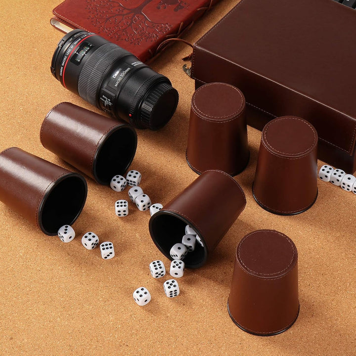 Party Games Leather Dice Cup Set, 6 Black Leather Dice Cups +30 Dice + Exclusive Storage and Transport Case Made of Faux Leather