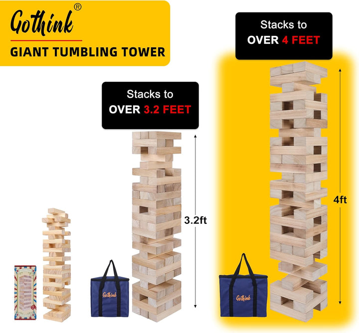 Giant Tumble Tower Game, Large Tumbling Tower Stacking to over 4 FT 54Pcs Wooden Jumbo Blocks for outside Yard Games with Carry Case Timber Stacking Game Night Toy Gift for Kids Adults Family