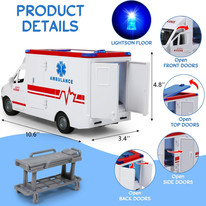 Toy Ambulance Boys Age 3-5 with 4 Different Flashing Lights & Sound, Back and Side Doors Open Friction-Powered Wheels Light up Toy Hospital Sets Buses Birthday Gift 3 4 Year Old and up Girl Boy Toys