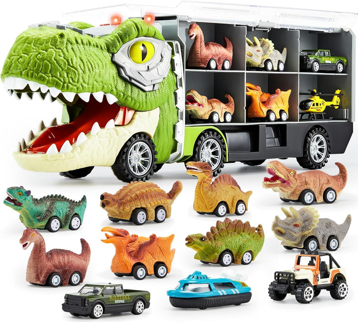 13 in 1 Dinosaur Toys for Kids 3-5, Dinosaur Truck with 12 Pull Back Cars, Small Cars Set, Birthday Gifts Toys for 3 4 5+ Year Old Boy, Transport Carrier Truck for Toddlers 3-4 Years