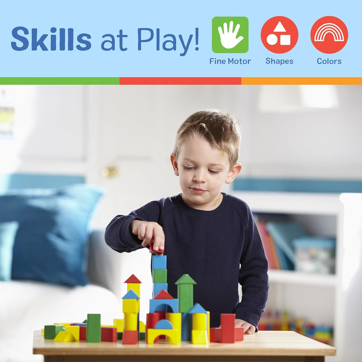 Wooden Building Blocks Set - 100 Blocks in 4 Colors and 9 Shapes - FSC Certified
