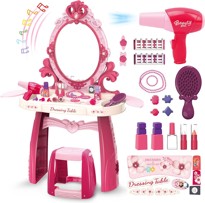 Toddler Vanity Makeup Table Toy with Mirror&Chair，Kids Vanity Set with Light&Music、Pretend Play Makeup Accessories with Hair Dryer Toy，Gift for Girls and Toddlers2 3 4 5 6Years Old