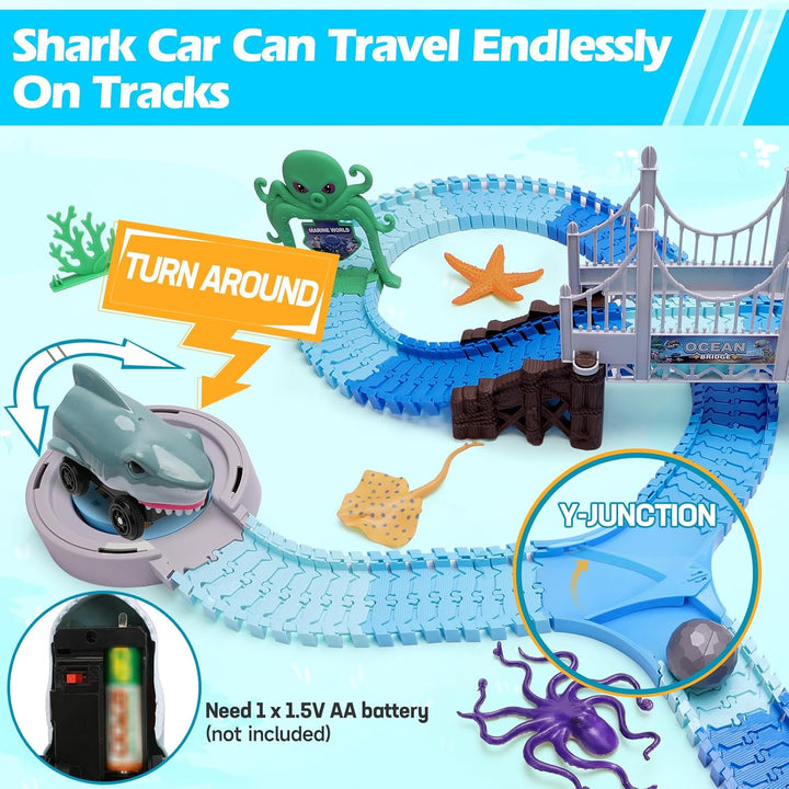 Track Toys 183 Pcs Shark Race Car Toys for Boys Girls 3 4 5 6 7 9 Year, Bendable Flexible Racetrack Cars with Shark & Ball, Ocean Theme Train Toys, STEM Educational Playset Birthday Gift