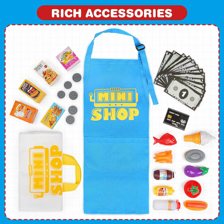 Cash Register Toy for Kids with Real Calculator, Cashier Register with Scanner/Weighter/Credit Card/ Play Money/ Food/Microphone, Pretend Play Store with Apron and Shopping Bag for Kids 3 4 5 6 7
