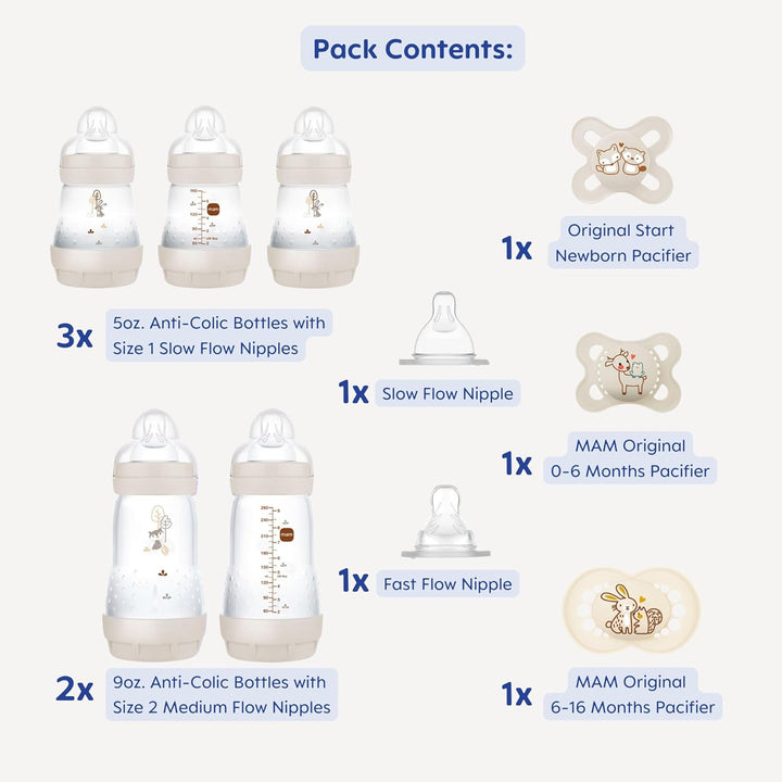 Newborn Essentials Matte Feeding Set with Easy Start Anti-Colic Bottles 5Oz, Self-Sterilizing, 0-3 Months Pacifiers and Skinsoft Silicone Nipples, Baby Gift, 10 Pieces