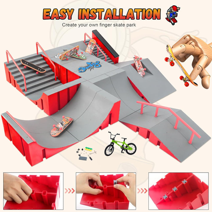 Finger Skateboard Park Kits,14 in 1 Skateboard Finger Toys with 8 Finger Skateboards & 14 Skatepark Deck Ramp,Finger Bike for Boys or Girls Gift,Mini Finger Skateboards Ramp Accessories Set