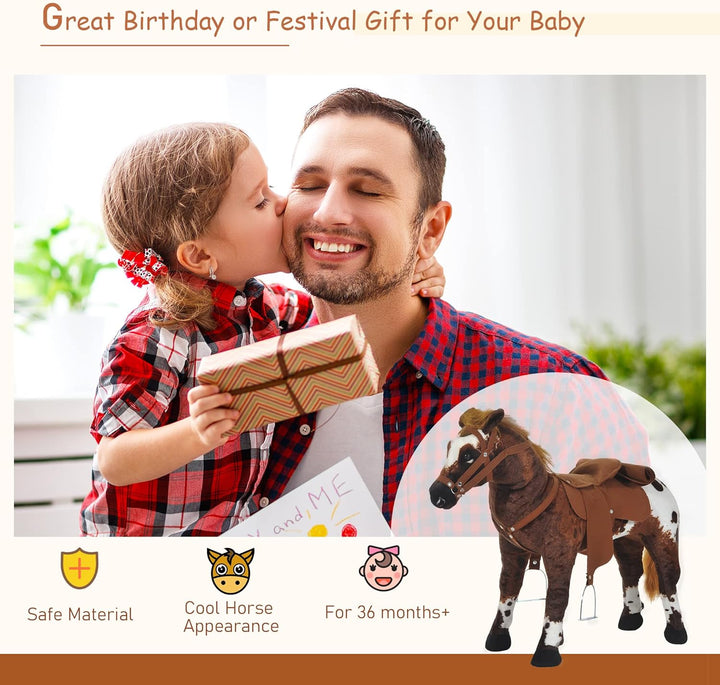 Sound-Making Ride on Horse for Toddlers 3-5, with Neighing and Galloping Sound, Stuffed Animal Horse Toy for Kids with Padding, Soft Feel, Brown