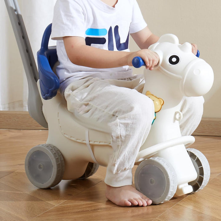 4 in 1 Rocking Horse for Toddlers 1-3 Years, Baby Rocking Horse with Detachable Balance Board, Push Handle and 4 Smooth Wheels, Support up to HDPE 80 Lbs Kids Ride on Toy with Sound, Blue