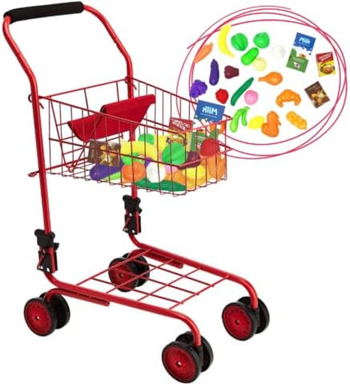 Toy Shopping Cart for Kids and Toddler - Includes Food - Folds for Easy Storage - with Sturdy Metal Frame (Red)
