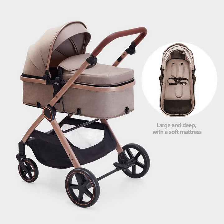 2 in 1 Baby Stroller, Newborn Infant Toddler Convertible Bassinet Pram Stroller for 0-36 Months Old Babies (Beige)