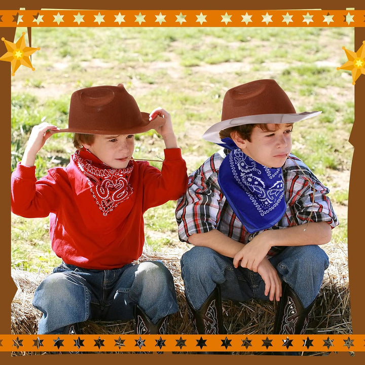 24 Pieces Western Cowboy Hat Set, Felt Cowboy Themed Party Hats with Paisley Bandanas for Kids Costume Party(Brown, Red, Blue)