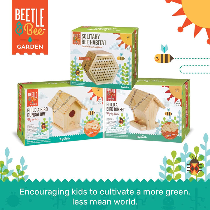 Beetle & Bee Build a Bird Bungalow - DIY Kid Art Craft Outdoor Birdhouse Kit, House Painting Kit for Kids, Hardware Glue Included- 4 Paints, 1 Brush, 7 Wooden Pcs, Chain for Tree Hanging Age 5+