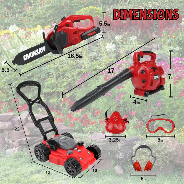 Kids Leaf Blower, Toy Chainsaw, and Lawn Mower Set | Realistic Toddler Landscaping Power Tools with Sound and Action| Includes Safety Goggles Mask and Earmuffs