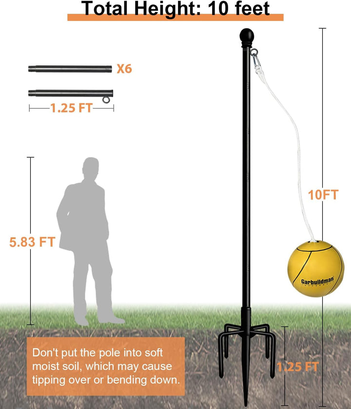 Tetherball Set with Ball & Rope for Outdoor Backyard, Adjustable Tether Ball Pole with Reinforced 5-Prong Base for Playground, outside Ball Games Sports for Kids & Adults, Black