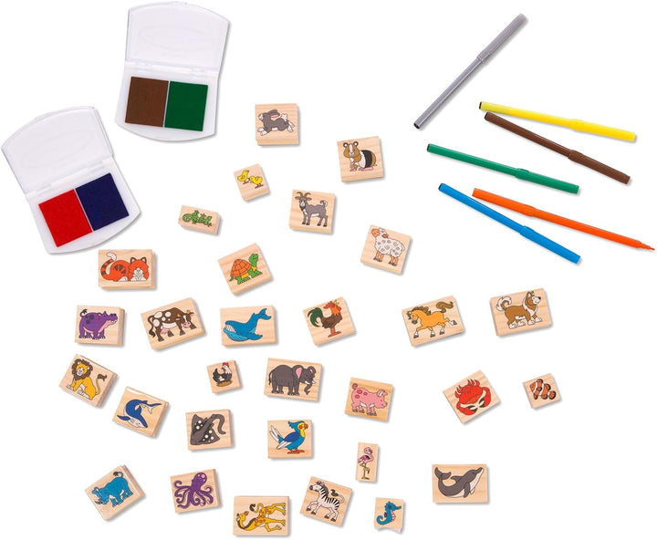Deluxe Wooden Stamp Set: Animals - 30 Stamps, 6 Markers, 2 Stamp Pads