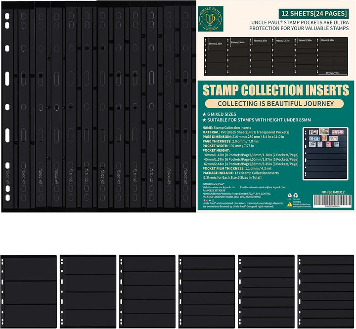 Stamp Collection Inserts - Collector Stamp Album 12 Sheets with 4 Mixed Sizes for Stamp Collection Binder Kit IS01MX112