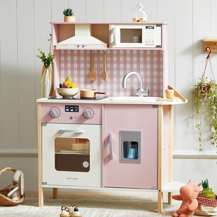 Play Kitchen for Kids, Wooden Kids Play Kitchen Playset Chef Pretend Play Set for Toddlers with Real Lights & Sounds, Toys Kitchen with 18 Pcs Toy Food & Cookware Accessories