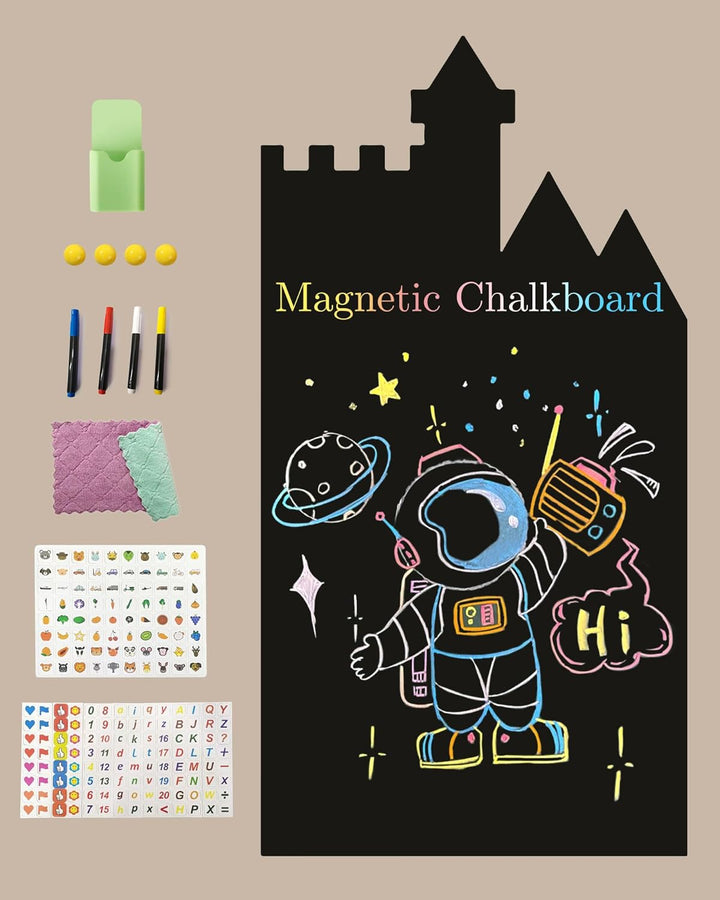 Magnetic Wall Decal for Kids, Magnetic Chalkboard Contact Paper for Wall, Playroom Essentials, Includes Dustless Chalks, Chalk Holder, Wipe Cloth, Stickers (Grey Castle, 22.8" X 46.5")