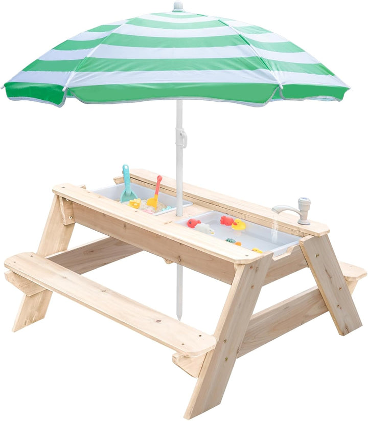 Kids 3-In-1 Sand & Water Table, Wood Outdoor Convertible Picnic Table with Umbrella, 2 Trays, Removable Top with Faucet, Picnic for Outdoor (Pink/Navy)