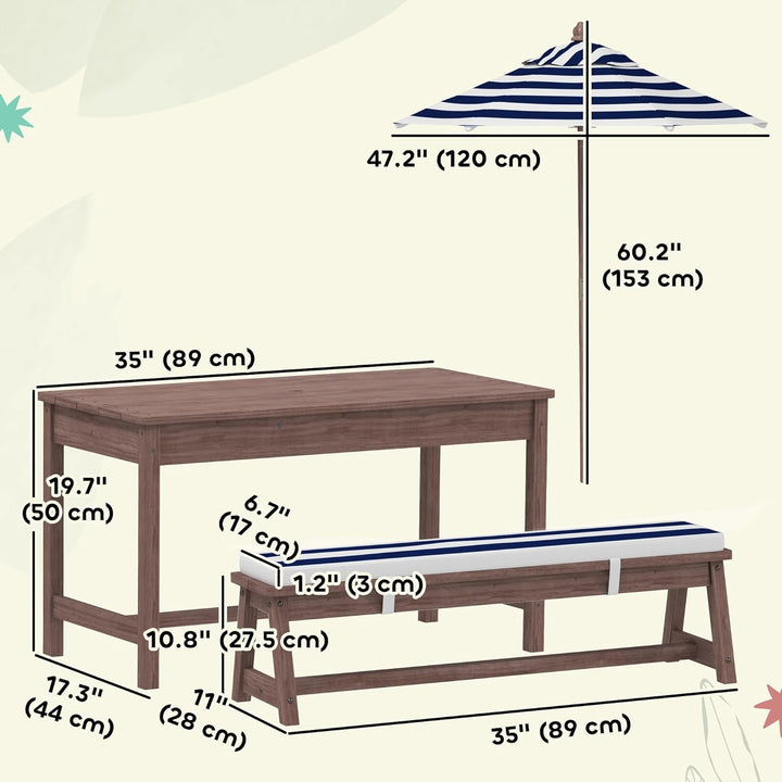 Kids Picnic Table, Outdoor Wooden Table & Bench Set with Cushions and Umbrella, Children Backyard Furniture for Patio, Garden, Navy Blue