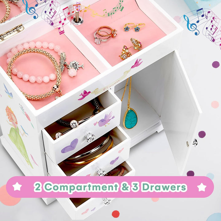 Jewelry Box for Girls with 3 Drawers - Musical Princess Jewelry Box with Spinning Doll and Dance of the Sugar Plum Fairy Tune - Appreciated Gifts for Kids - 9.5 X 7.75 X 9.5 Inches