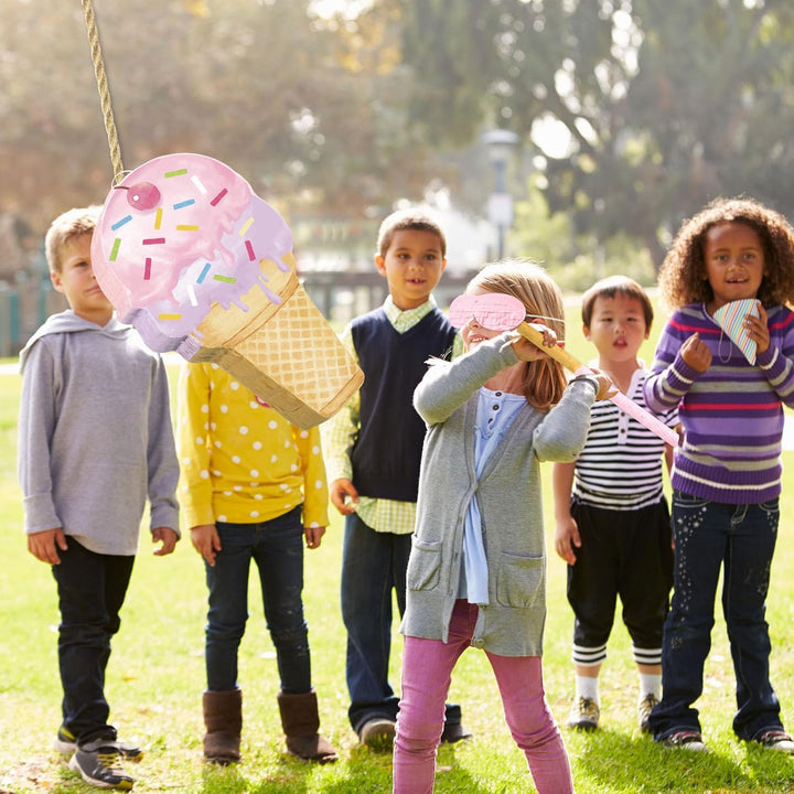 Pink Ice Cream Piñata Cute Dessert Cone Shaped Piñata with Stick Blindfold for Ice Cream Candy Birthday Party Summer Baby Shower Wedding Party Supplies Decor, 15.8 X 9.5 Inch