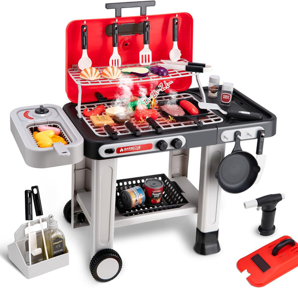 Kids BBQ Grill Kitchen Playset with Sound & Smoke, Play Toy Grill Set for Kids，Play Food Toys Cooking Set，Toy Gift for Toddler Age 3-5