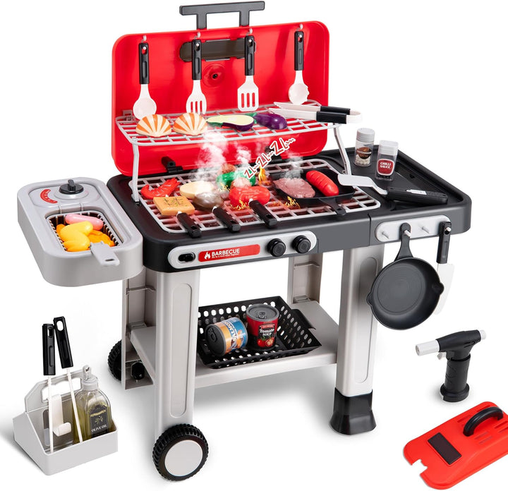 Kids BBQ Grill Kitchen Playset with Sound & Smoke, Play Toy Grill Set for Kids，Play Food Toys Cooking Set，Toy Gift for Toddler Age 3-5