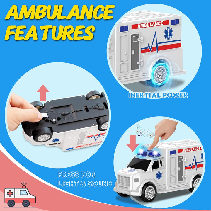 4 in 1 Toy Vehicle Playsets,Including Police Car,Fire Truck,Ambulance ,Toy Helicopter,2Fireman 1Policeman,Andk9 Dog, Friction Powered Vehicles with Light and Sound,Best Toddler Gifts