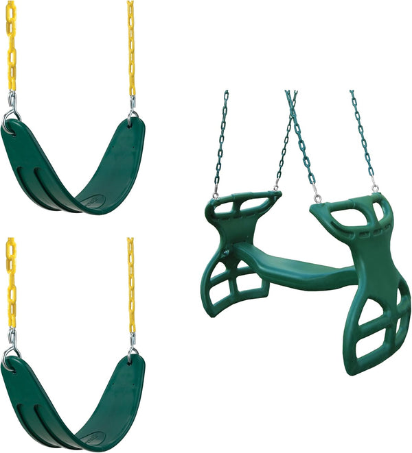 Green Heavy Duty Swings and Dual Glider Bundle - Includes 2 Heavy Duty Swing Seats and a Green, Dual Ride Glider for Swing Sets, Play Sets, Etc.