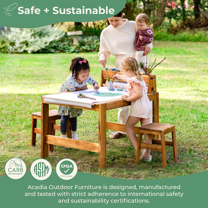 Acadia Outdoor Art Table and Stool Set: Kids Acacia Wood Arts and Crafts Table W/ 2 Chairs, Mobile Storage Paper Roll, and Paint Cups for Drawing, Painting and Toddler Picnic Activities
