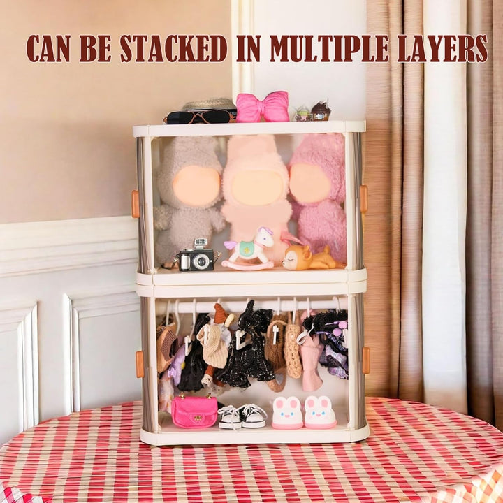 Foldable Doll Wardrobe Storage Box Compatible with Labubu Clothes with 10 Hangers & Rod - Stackable Organizer Cabinet for 15/17Cm Doll Clothes with Dust-Resistant Cover and Display Shelf