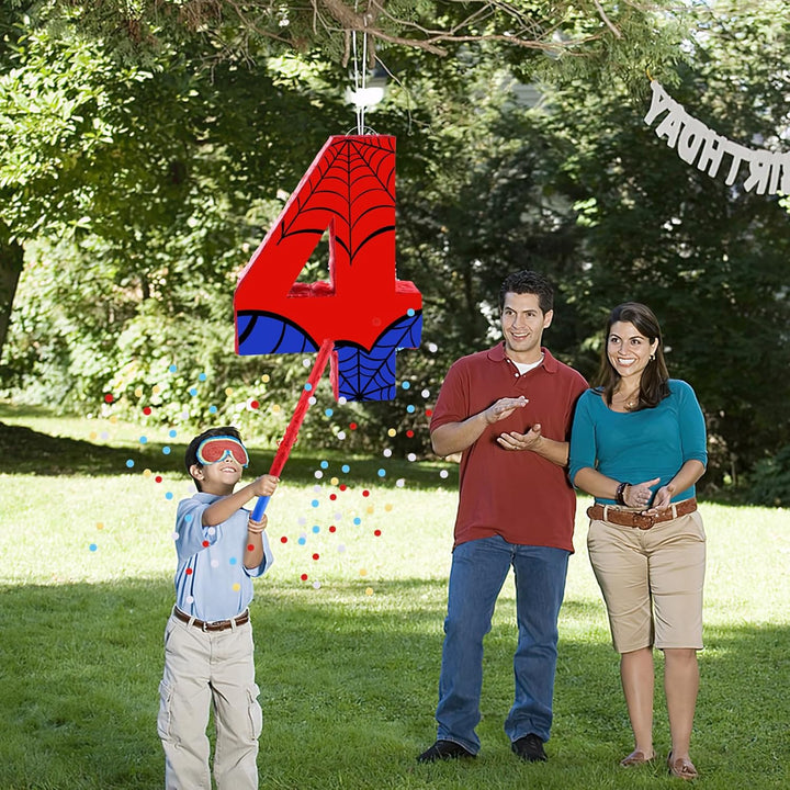 16 Inch Number 4 Spider Pinata with 16 Inch Piñata Stick Blindfold Confetti for Boy Girl Kids 4Th Birthday Party Decorations (4Th)
